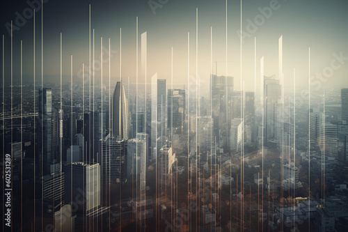 Financial chart on a city scape with buildings background multi exposure. Business concept. Generative AI © Iryna