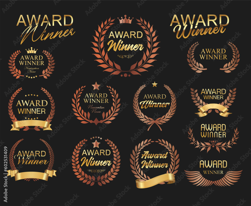 Award Winner emblem collection of gold laurel wreath on black background Award Winner emblem collection of gold laurel wreath on black background