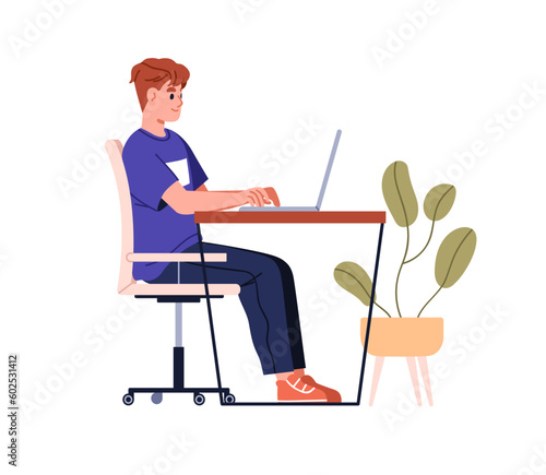 Man sitting in chair at laptop computer at desk, side view. Person at ergonomic workplace during work, study. Character working at table. Flat graphic vector illustration isolated on white background