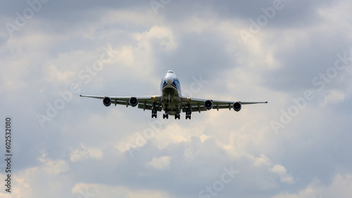 747-400 ERF landing at EMA on runway 27 - stock photo