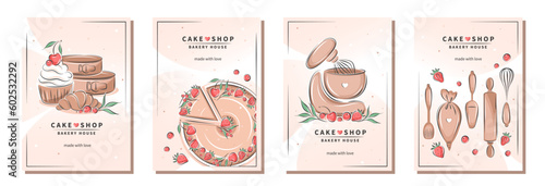 Cake shop, bakery house. Set of design sample flyers for pastry and bread shop, cooking, dessert, sweet products. Vector illustration for poster A4, banner, menu, advertising.