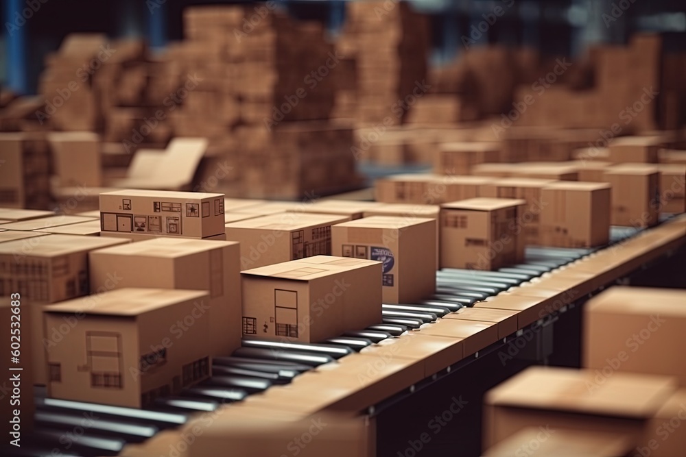 Cardboard boxes ride on the delivery conveyor, parcels, Generative AI Cardboard boxes ride on the delivery conveyor, parcels, Generative AI