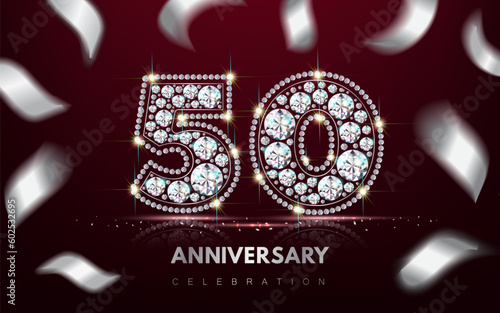 Banner 50 fifty years anniversary of diamond jewelry numbers with serpentine. 3d realistic illustration. Vector.