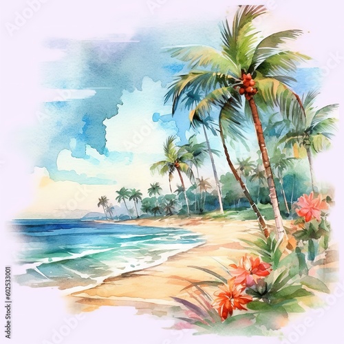 Fototapeta Naklejka Na Ścianę i Meble -  Wonderful tropical beach with palm tree. A beach scene with sea waves, some flowers and palm tree in background