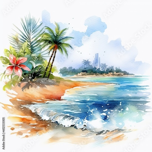 Fototapeta Naklejka Na Ścianę i Meble -  Wonderful tropical beach with palm tree. A beach scene with sea waves, some flowers and palm tree in background