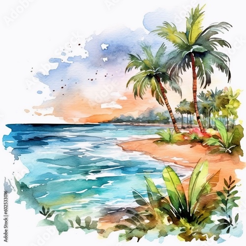 Wonderful tropical beach with palm tree. A beach scene with sea waves, some flowers and palm tree in background