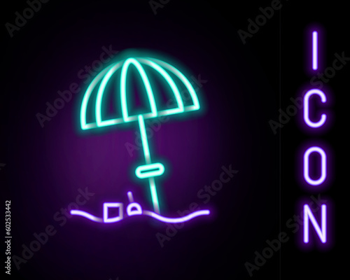 Glowing neon line Sun protective umbrella for beach icon isolated on black background. Large parasol for outdoor space. Beach umbrella. Colorful outline concept. Vector