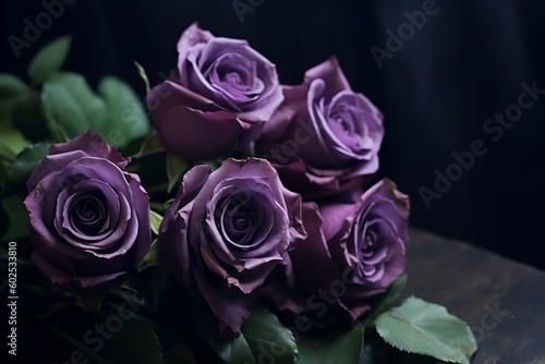 Deep Violet Vintage Classic Rose Bouquet on Dark Background.Generative AI