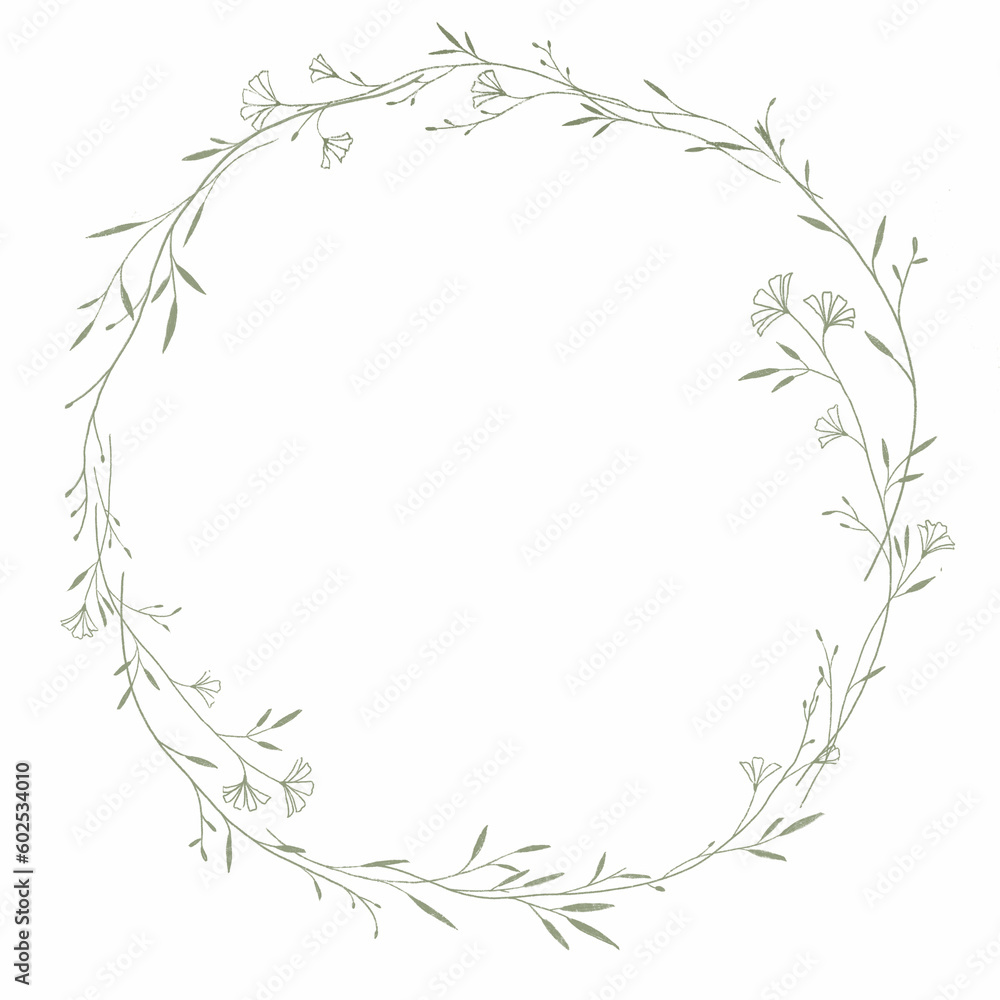 Beautiful clip art floral frame with hand drawn wild herbs and flowers. Stock illustration.