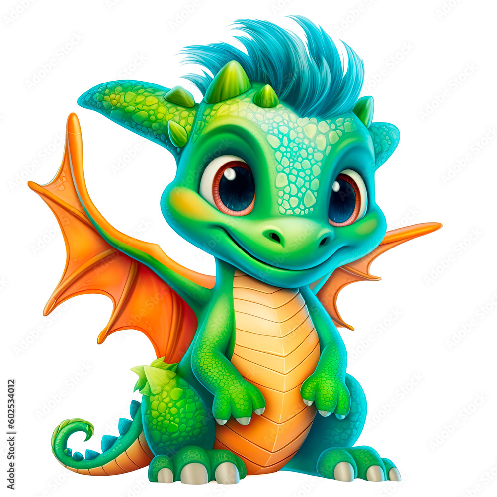 Fototapeta premium Cute Dragon cartoon, Kawaii. Magic perfect for Nursery Wall children isolated on transparent background, baby shower card, t shirt. Ai generative.
