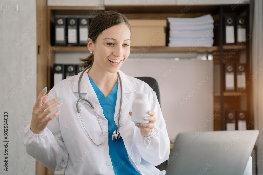 Pharmacist conducts video consultation, communicates with patient via an online conference, uses tablet, diagnoses, recommended and prescribed medications, and also answers questions. Pharmacist conducts video consultation, communicates with patient via an online conference, uses tablet, diagnoses, recommended and prescribed medications, and also answers questions.