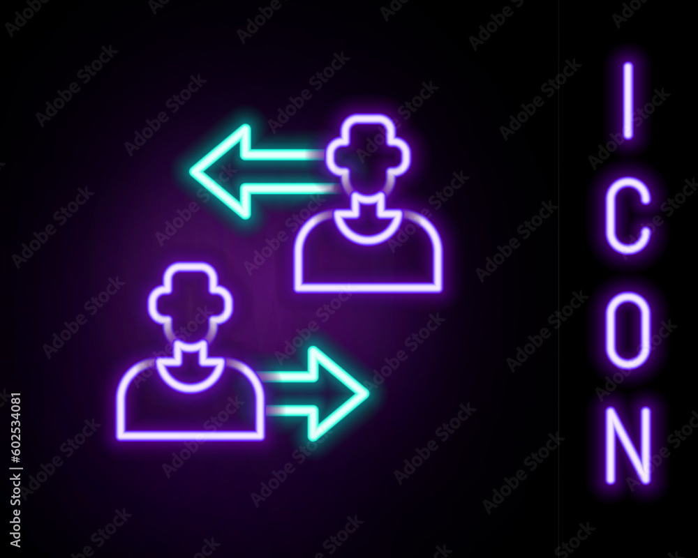 Glowing neon line Substitution football player icon isolated on black background. Players exchange in association soccer. Colorful outline concept. Vector