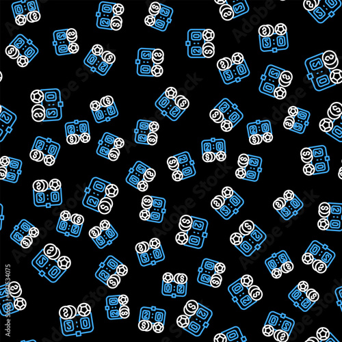 Line Soccer football betting money icon isolated seamless pattern on black background. Football bet bookmaker. Soccer betting online make money. Vector