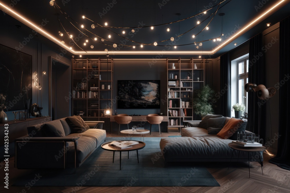 Luxurious Living Room, Modern Design Elements. Details of low light grey and black tones LED Lighting