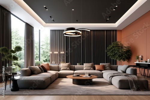 Exquisite Living Room with Comfortable Seating  Beamed Ceilings  and Stylish Decor