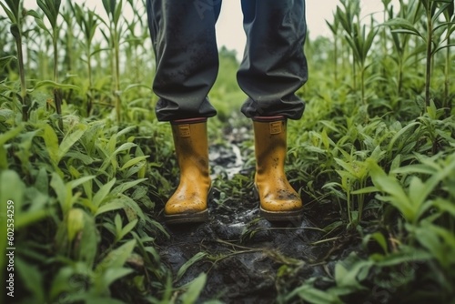 Close-up of Farmer's Feet in Rubber Boots Walking on Field, Generative AI