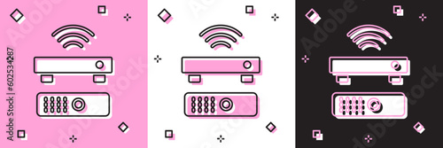Set Wireless multimedia and TV box receiver and player with remote controller icon isolated on pink and white, black background. Vector