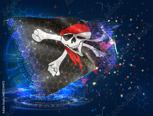 Pirate,  vector flag, virtual abstract 3D object from triangular polygons on a blue background