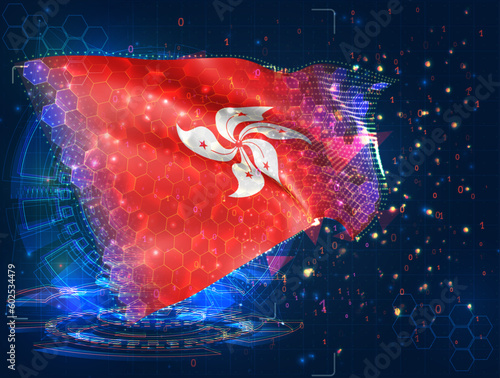 Hong Kong,  vector flag, virtual abstract 3D object from triangular polygons on a blue background