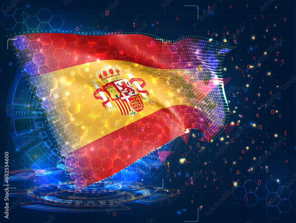 Spain,  vector flag, virtual abstract 3D object from triangular polygons on a blue background