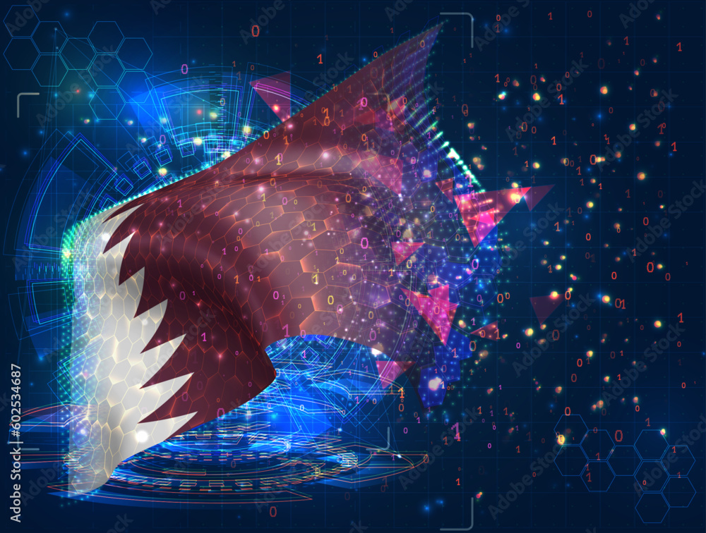 Qatar,  vector flag, virtual abstract 3D object from triangular polygons on a blue background