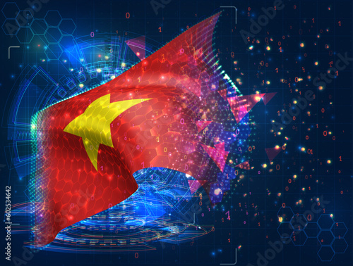 Vietnam,  vector flag, virtual abstract 3D object from triangular polygons on a blue background