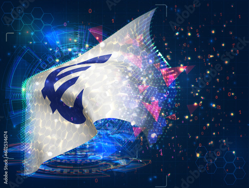 Euro,  vector flag, virtual abstract 3D object from triangular polygons on a blue background