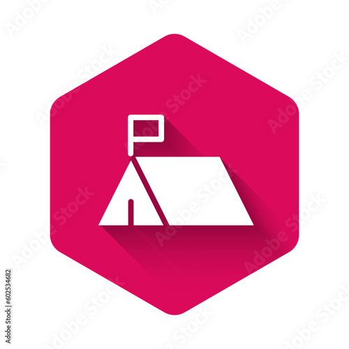 White Protest camp icon isolated with long shadow. Protesting tent. Pink hexagon button. Vector