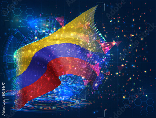 Colombia,  vector flag, virtual abstract 3D object from triangular polygons on a blue background