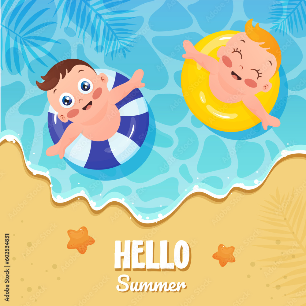 Children  swimming with  lifebuoys i at the sea.