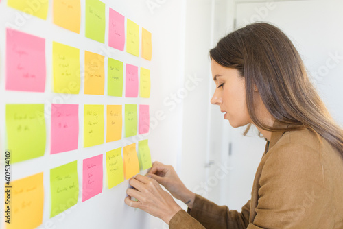 Female Entrepreneur Organizing Tasks with Post Its on the Wall Feeling Happy, Optimistic and Productive