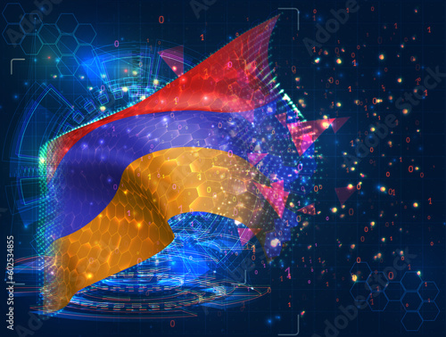 Armenia,  vector flag, virtual abstract 3D object from triangular polygons on a blue background