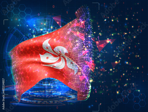 Hong Kong,  vector flag, virtual abstract 3D object from triangular polygons on a blue background