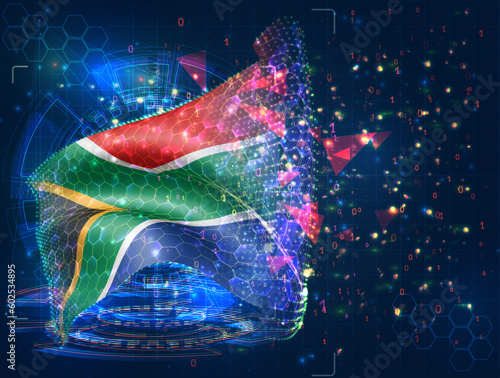 South Africa,  vector flag, virtual abstract 3D object from triangular polygons on a blue background