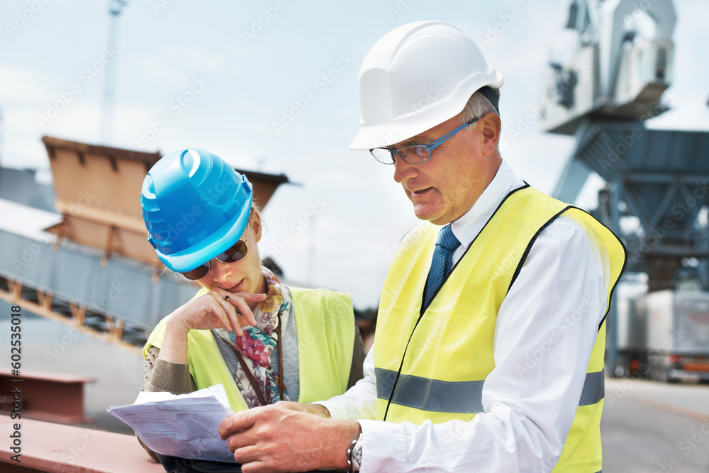 Logistics, teamwork or business people with checklist for cargo planning, collaboration or working in industrial site. Happy supply chain, smile or manager for project management or delivery strategy Logistics, teamwork or business people with checklist for cargo planning, collaboration or working in industrial site. Happy supply chain, smile or manager for project management or delivery strategy