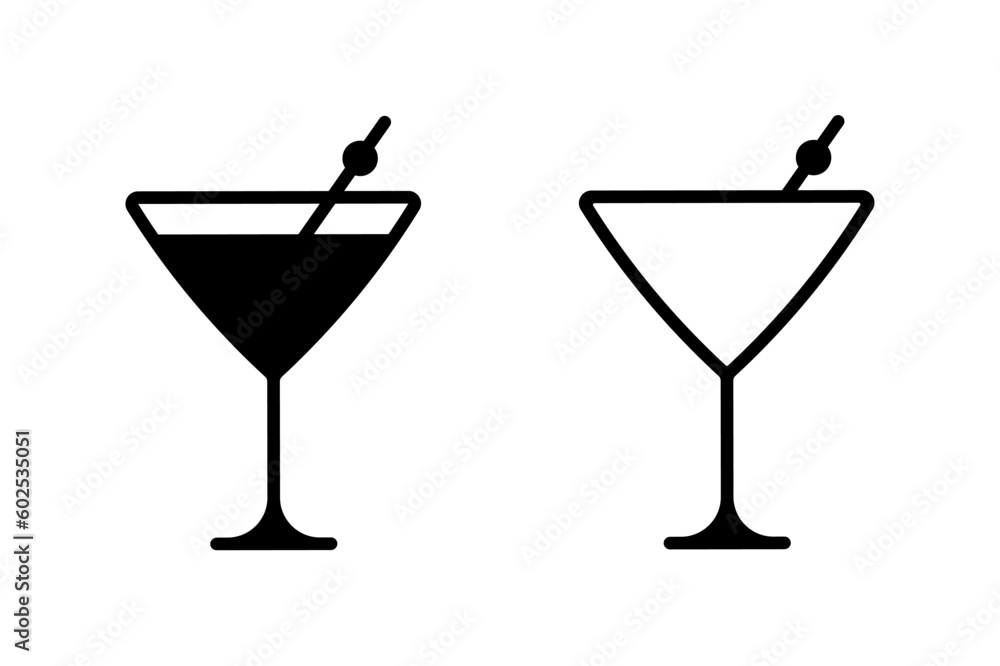 Cocktail vector icon set. Alcohol bottles and glasses symbol. Outlie and black alcoholic beverages sign