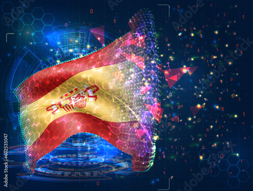 Spain,  vector flag, virtual abstract 3D object from triangular polygons on a blue background