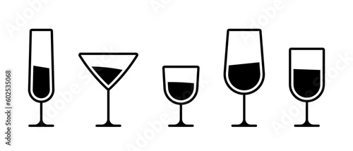 Glass for wine vector icon set. Alcohol bottles and glasses symbol. Wineglass sign for menu
