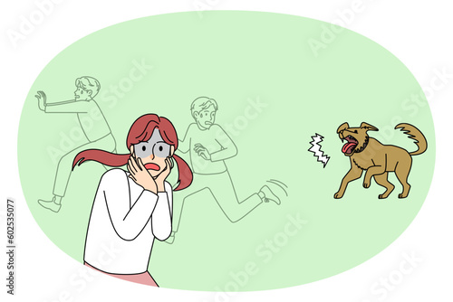 Scared children run away from barking dog