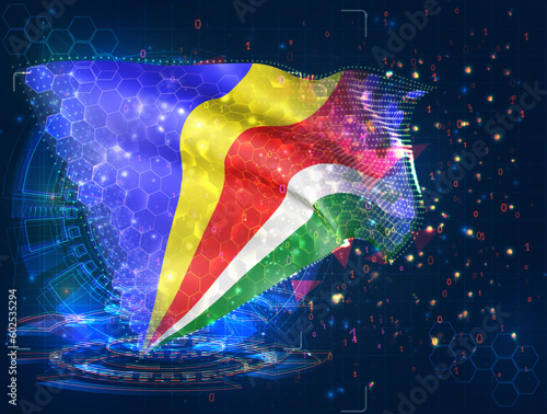 Seychelles,  vector flag, virtual abstract 3D object from triangular polygons on a blue background