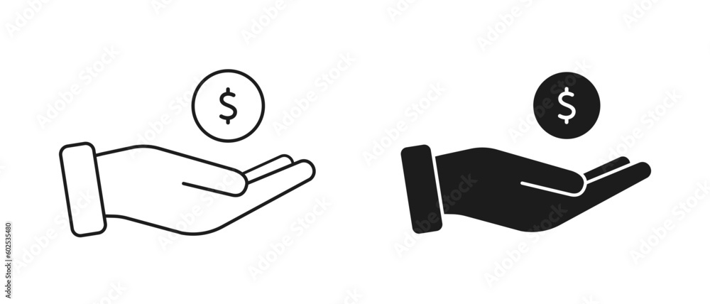 Hand holds coin vector icon set. Outline save money symbol Hand holds coin vector icon set. Outline save money symbol