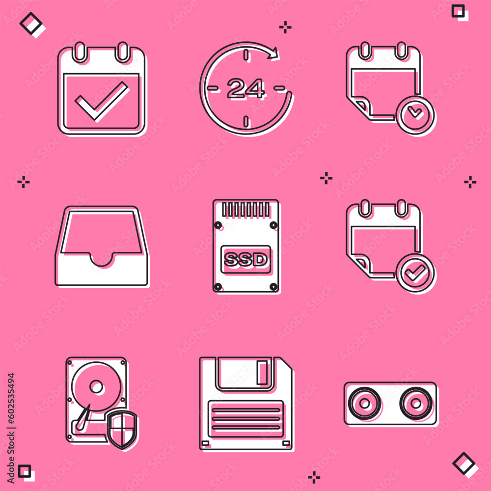 Set Calendar with check mark, Clock 24 hours, and clock, Social media inbox, SSD card and icon. Vector Set Calendar with check mark, Clock 24 hours, and clock, Social media inbox, SSD card and icon. Vector