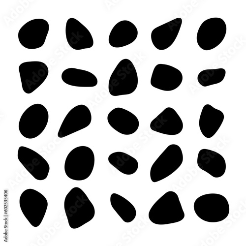 Black ink blot rounded shapes set. Liquid irregular random drop elements isolated on a white background. Can use for interior designs, gaming, web cards. Pebble, cobble stones vector collection.