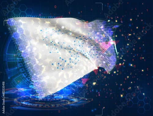 5g,  vector flag, virtual abstract 3D object from triangular polygons on a blue background