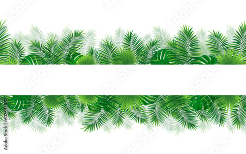 Amazon tropical leaves seamless pattern with place for text. vector illustration. Rainforest foliage template border frame. Jungle plants repeated banner. Green backdrop with tropic palm leaf monstera