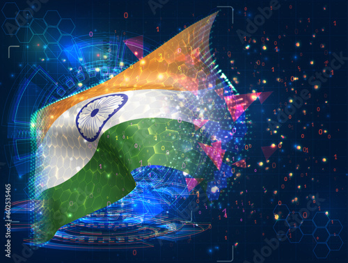 India,  vector flag, virtual abstract 3D object from triangular polygons on a blue background