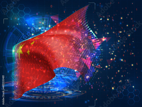 China,  vector flag, virtual abstract 3D object from triangular polygons on a blue background