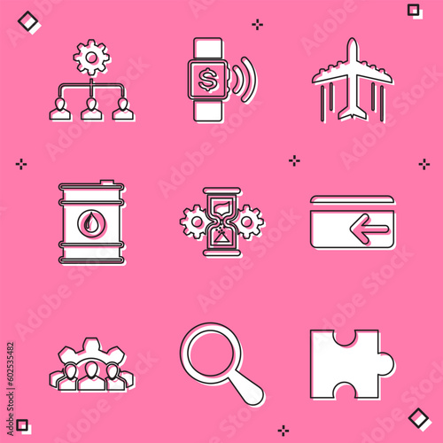 Set Lead management, Contactless payment, Plane, Barrel oil, Hourglass and gear and Cash back icon. Vector