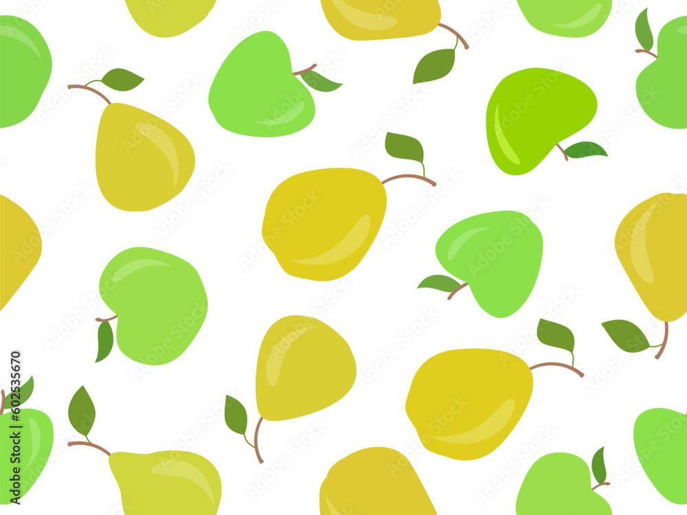 Seamless pattern with apples and pears. Fruits apple and pear with leaf. Design of printing, banners and promotional materials. Vector illustration Seamless pattern with apples and pears. Fruits apple and pear with leaf. Design of printing, banners and promotional materials. Vector illustration