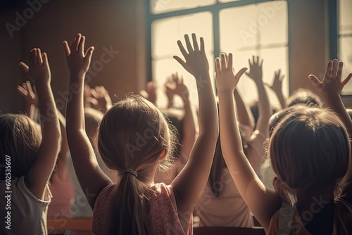 Children schoolchildren raise their hands up, warm-up. Back view. Generative AI
